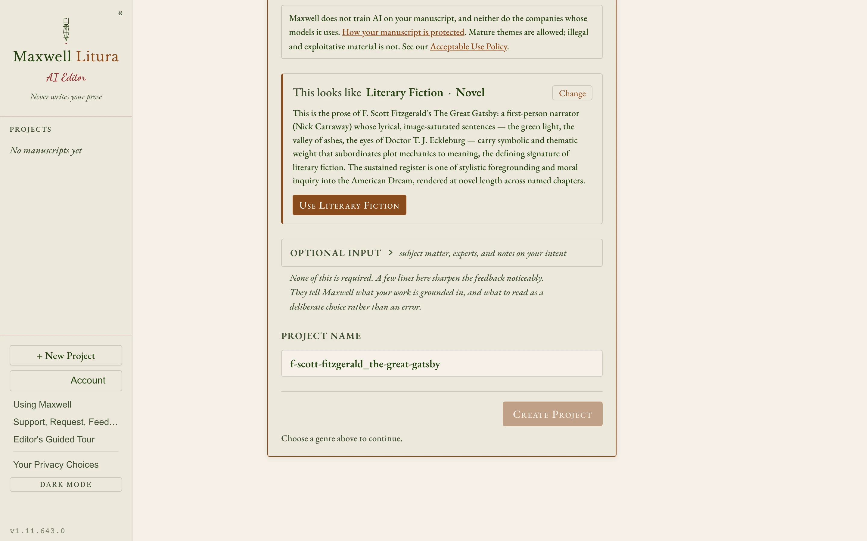 Maxwell reads samples from across your manuscript and suggests a genre and format. You confirm it or choose another.