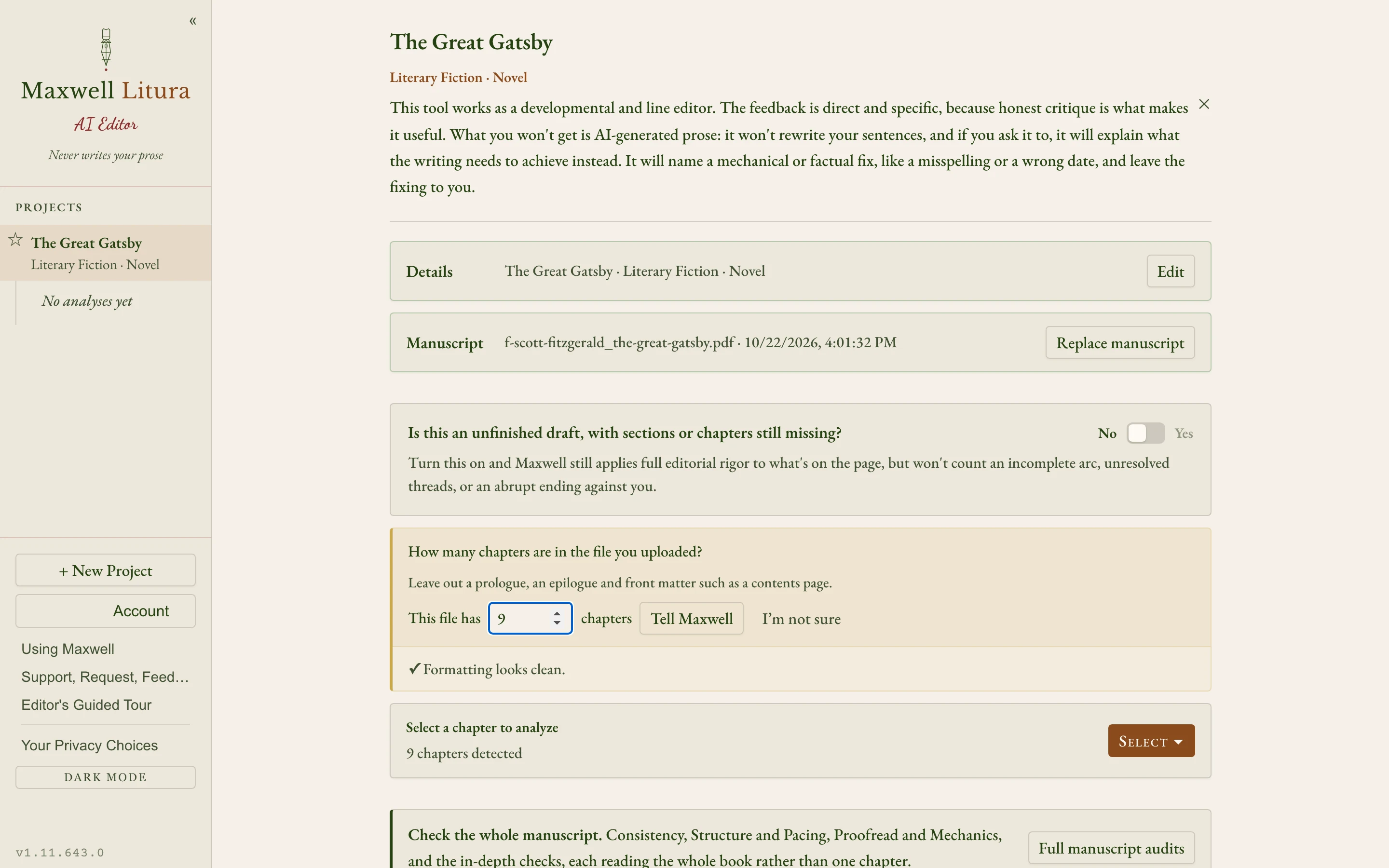 Maxwell finds the chapters, then checks the count with you so none are split or merged by mistake.