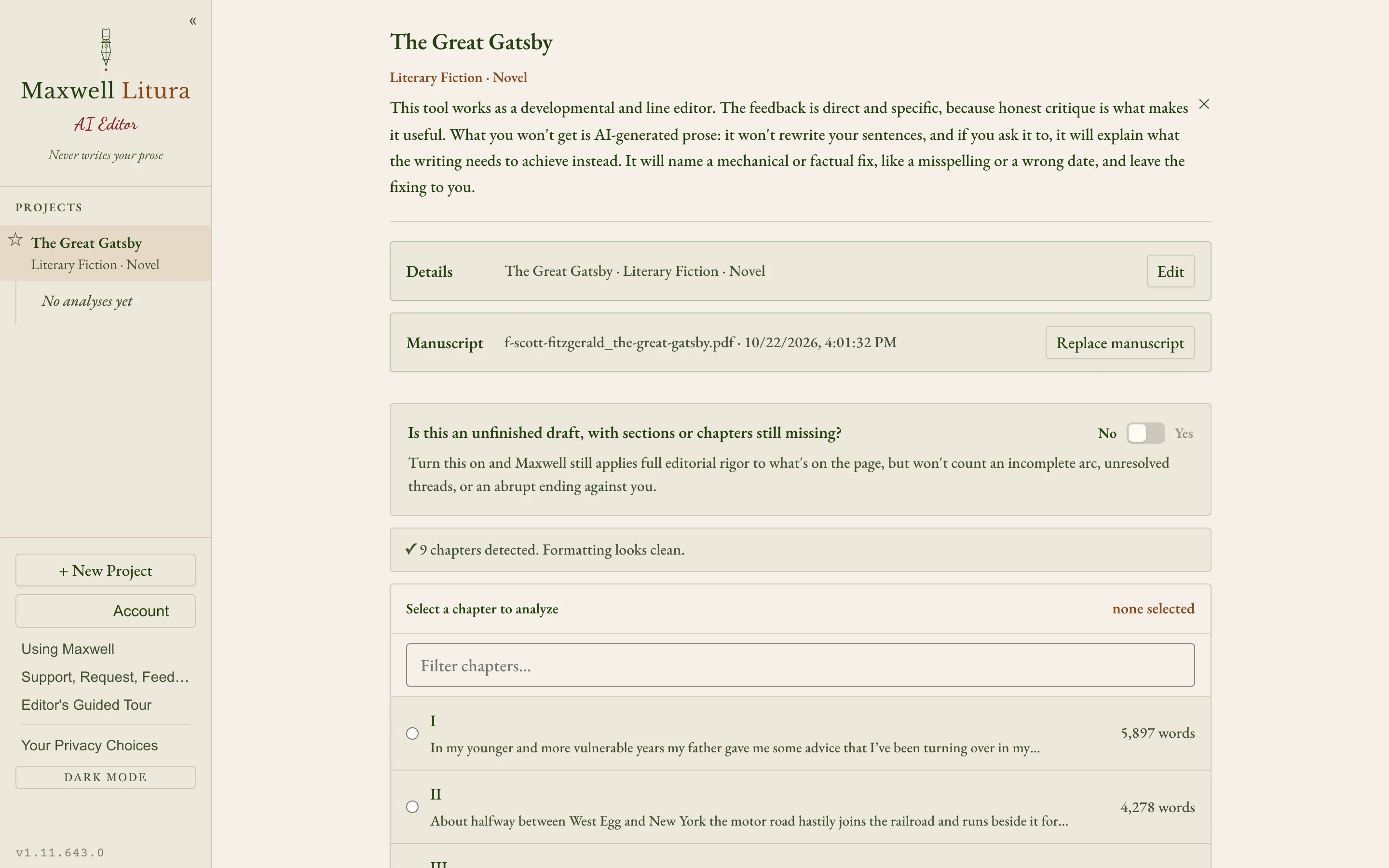 Each chapter is listed with its opening line and its length.