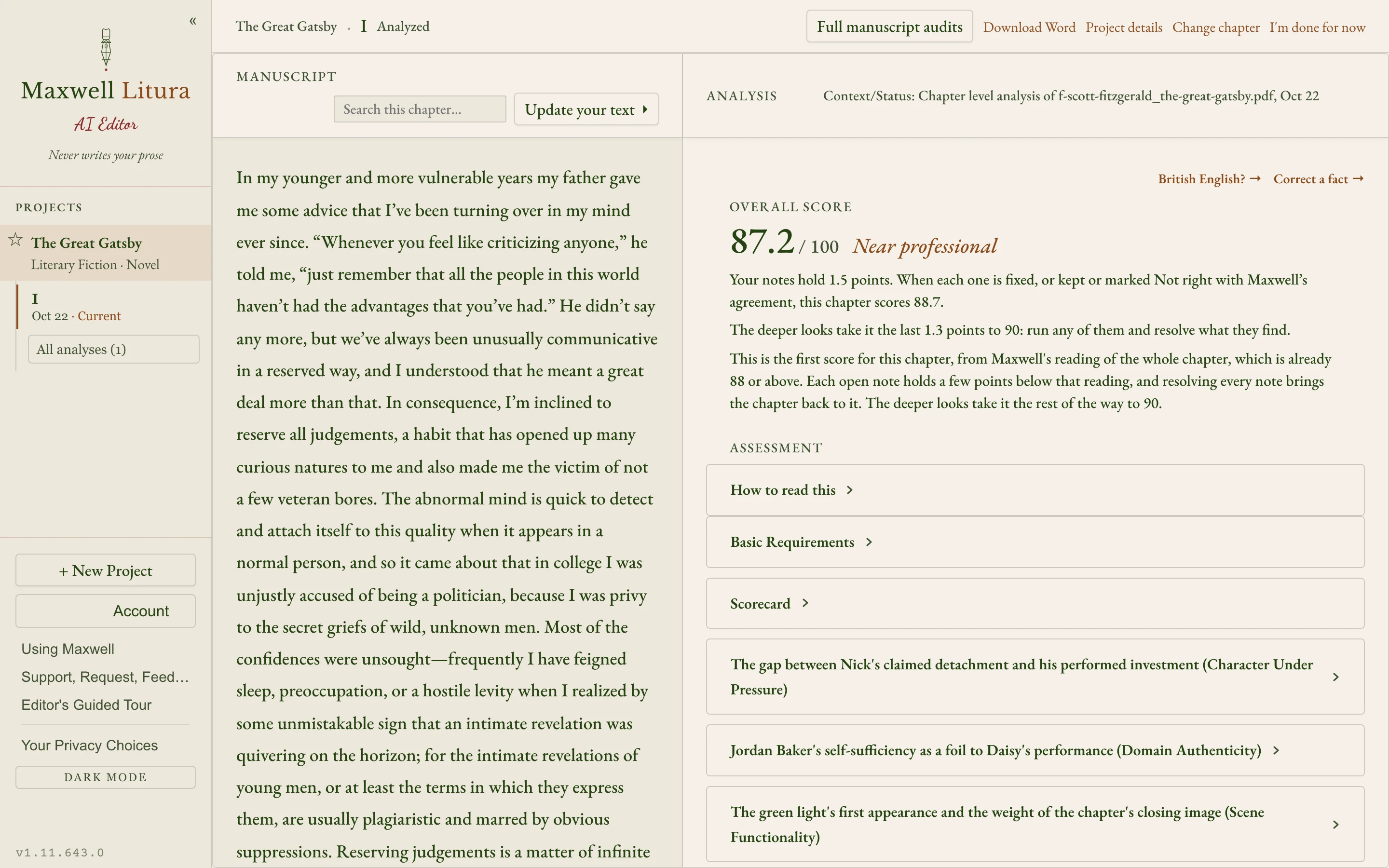 A score out of 100, and how far working through the notes can take the chapter. Below it, What’s Working says what the chapter already does well.