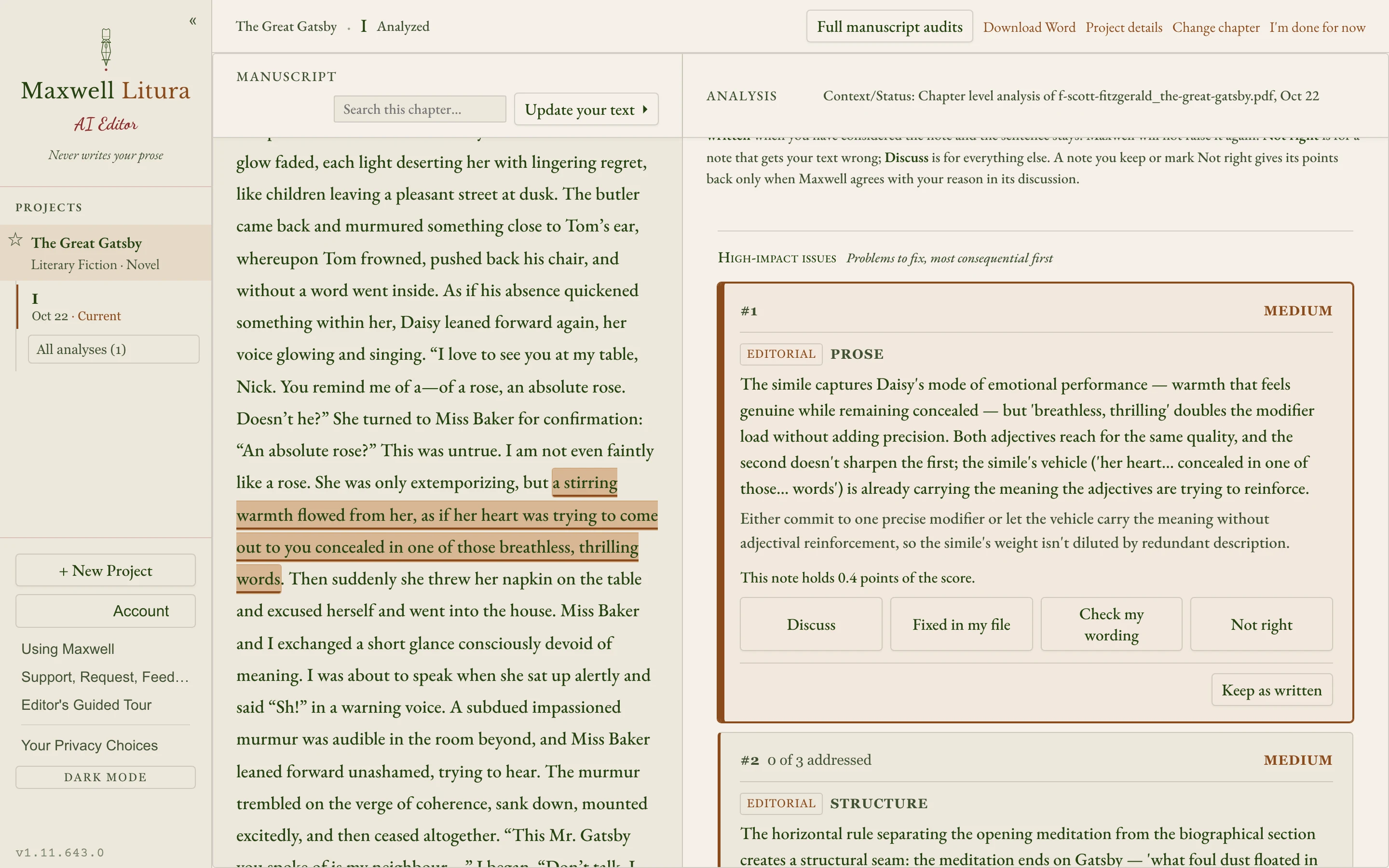 Click a note and its passage lights up. Maxwell says what the writing needs. It never rewrites it for you.