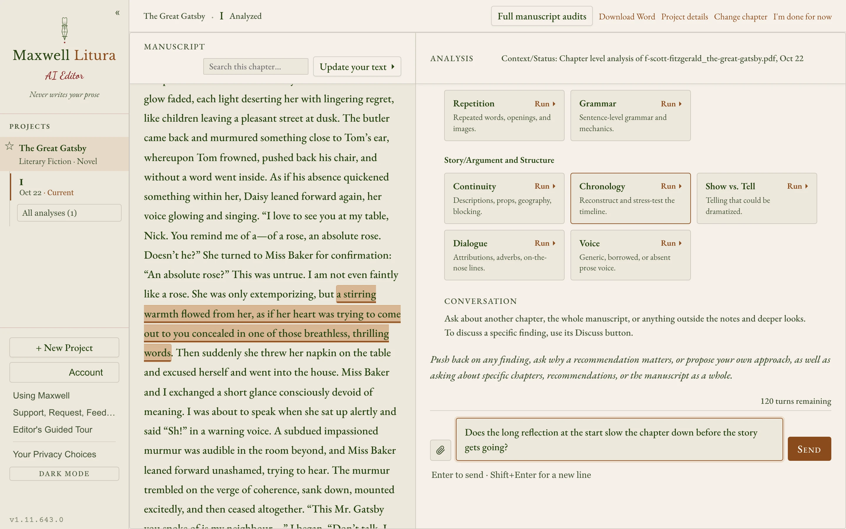 Ask Maxwell about your chapter or your whole manuscript. To question a single note, use its Discuss button.