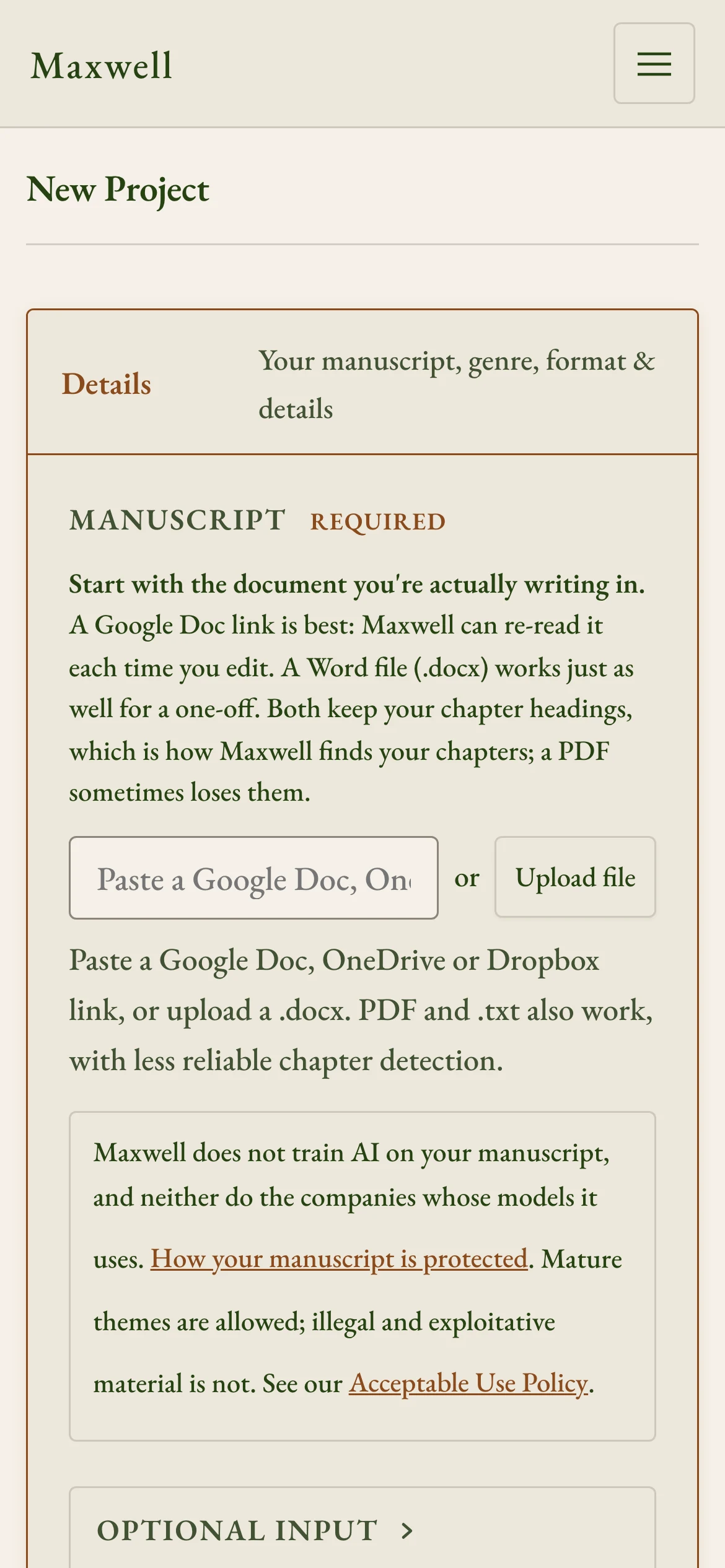 Upload a Word file or a PDF, or paste a link from Google Docs, OneDrive or Dropbox.