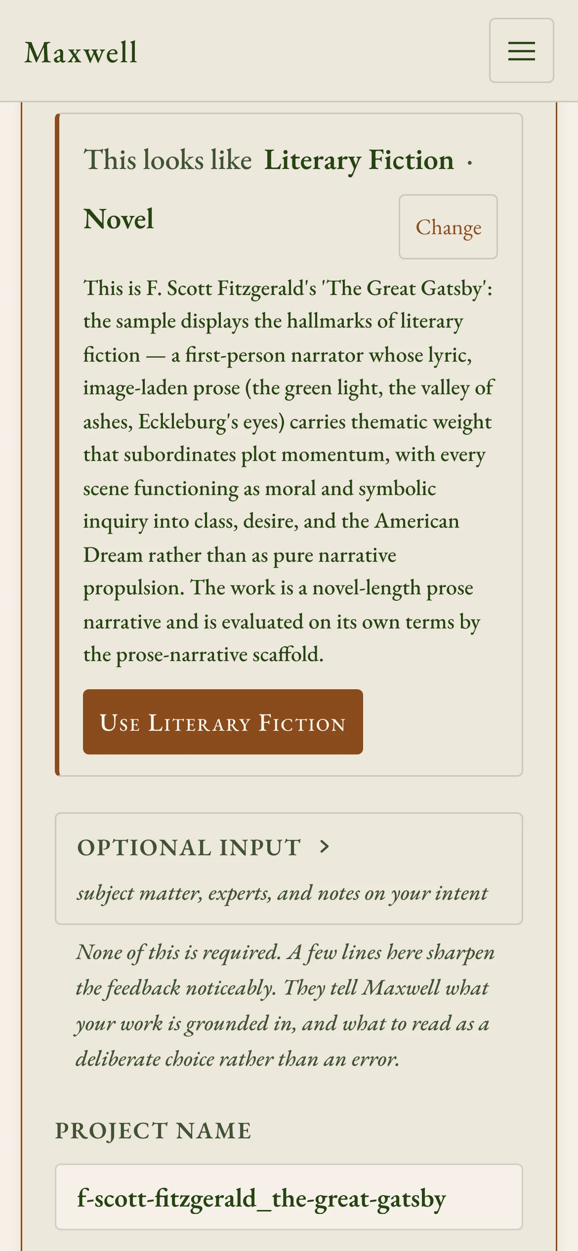 Maxwell reads samples from across your manuscript and suggests a genre and format. You confirm it or choose another.