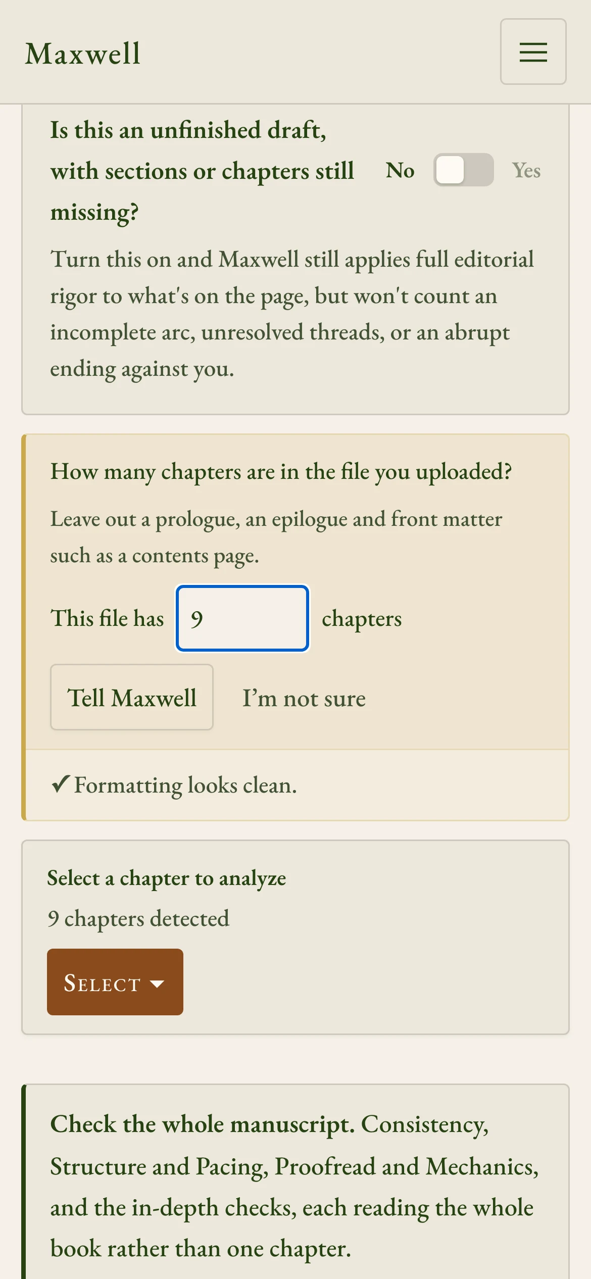 Maxwell finds the chapters, then checks the count with you so none are split or merged by mistake.