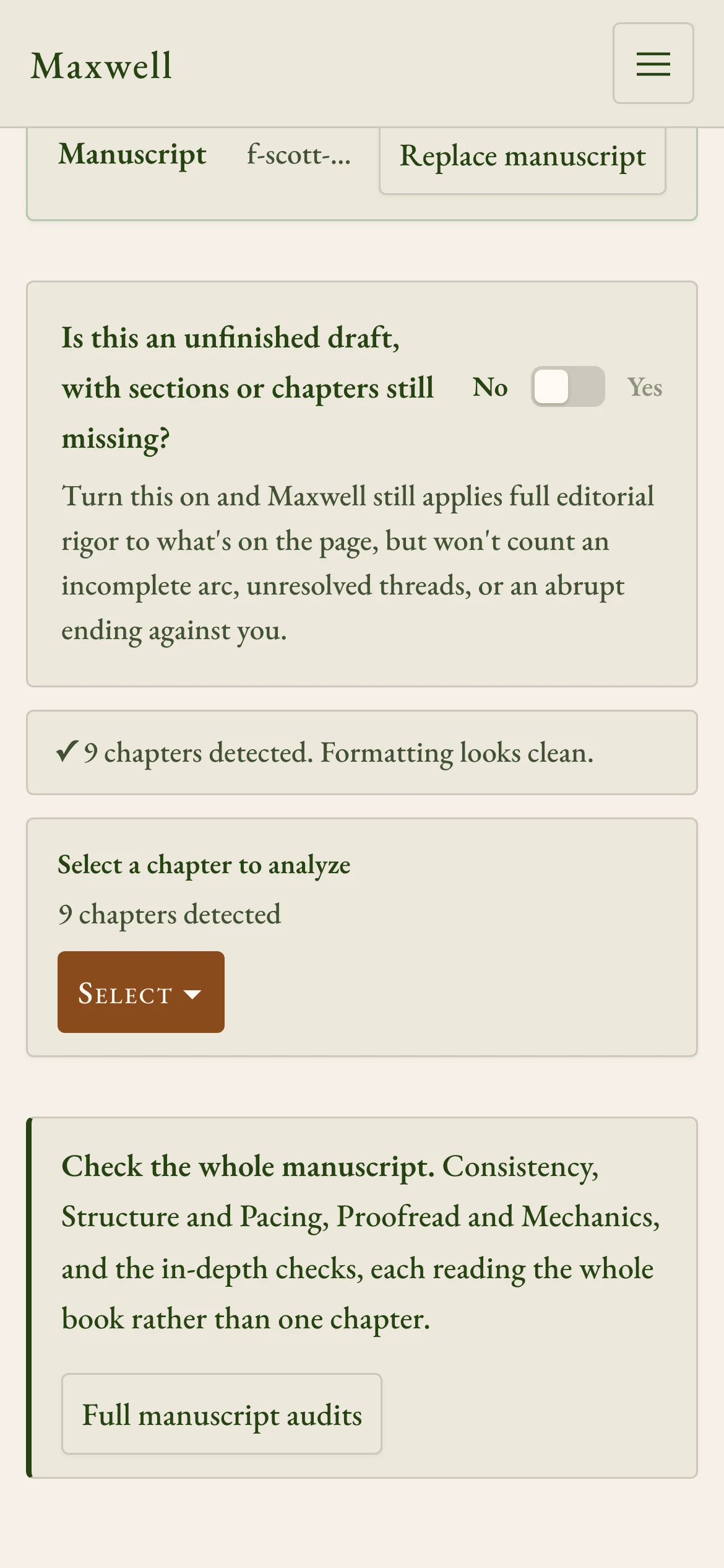 Choose a chapter for Maxwell to read.