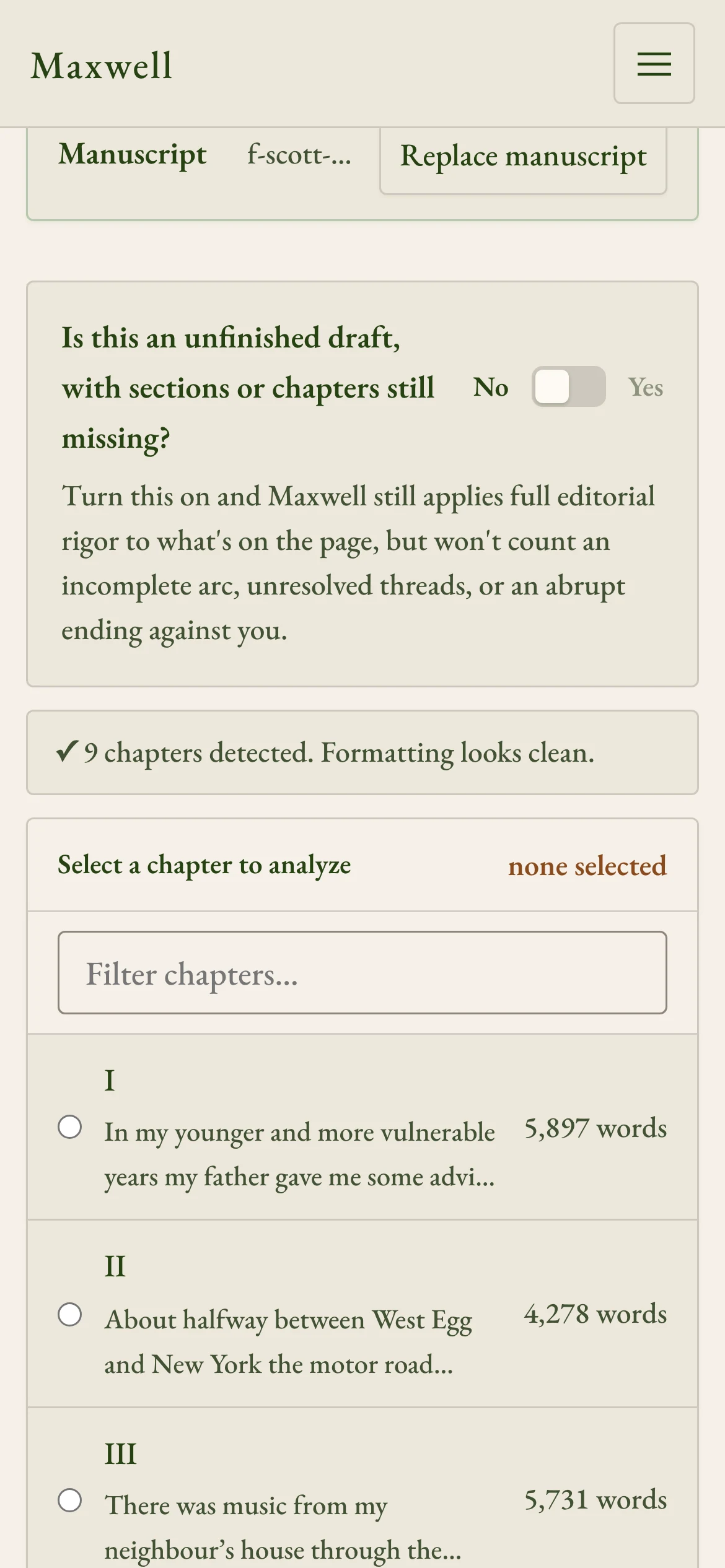 Each chapter is listed with its opening line and its length.