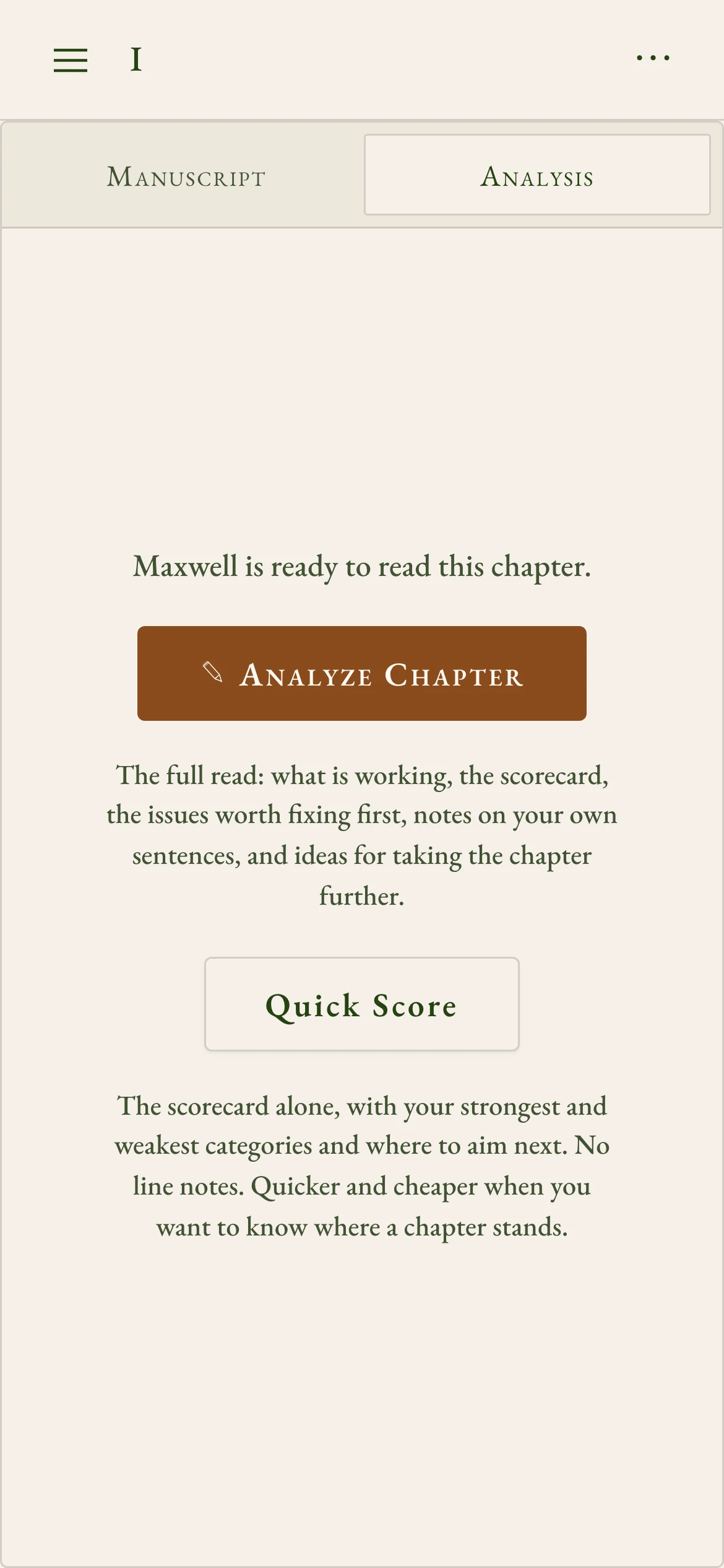 Your chapter is ready for Maxwell. Analyze Chapter starts the full read.