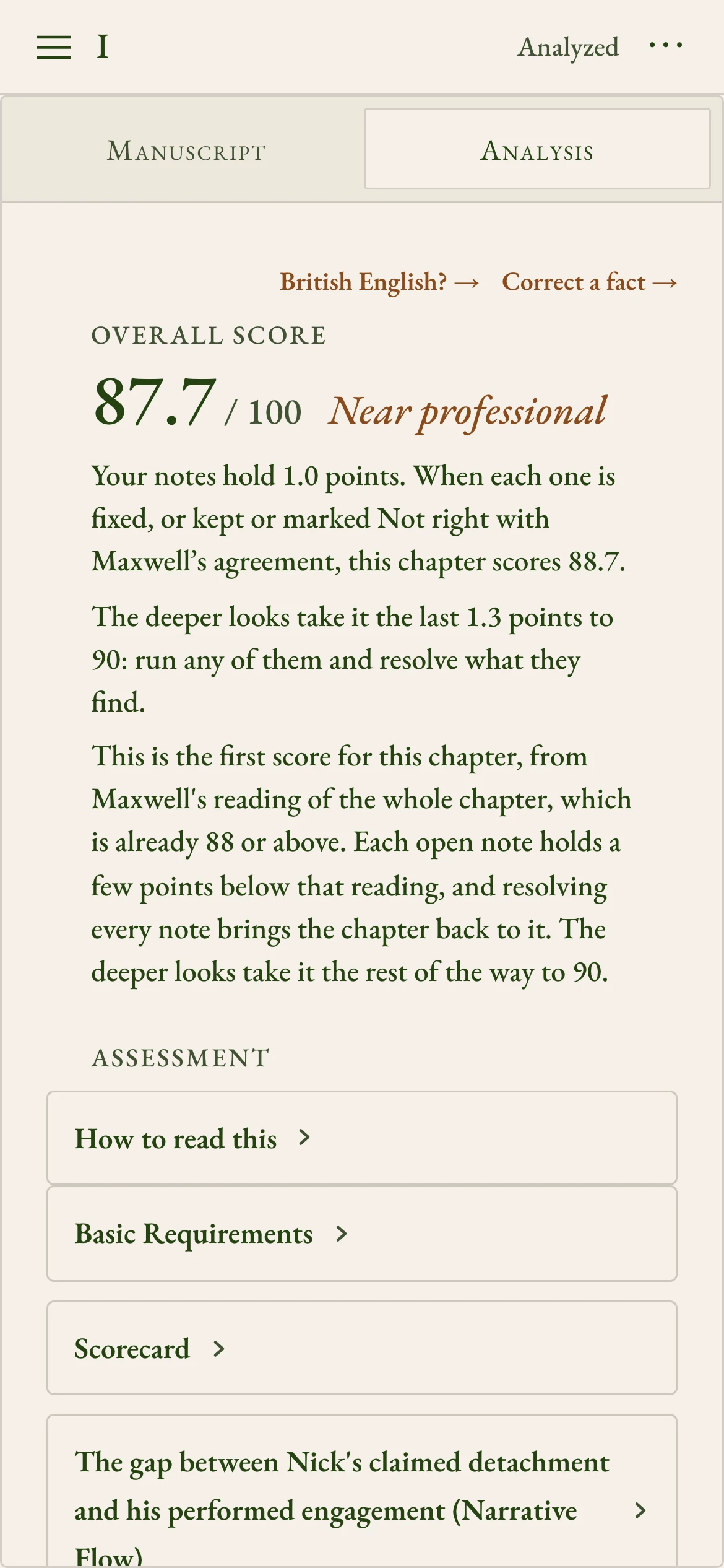 A score out of 100, and how far working through the notes can take the chapter. Below it, What’s Working says what the chapter already does well.
