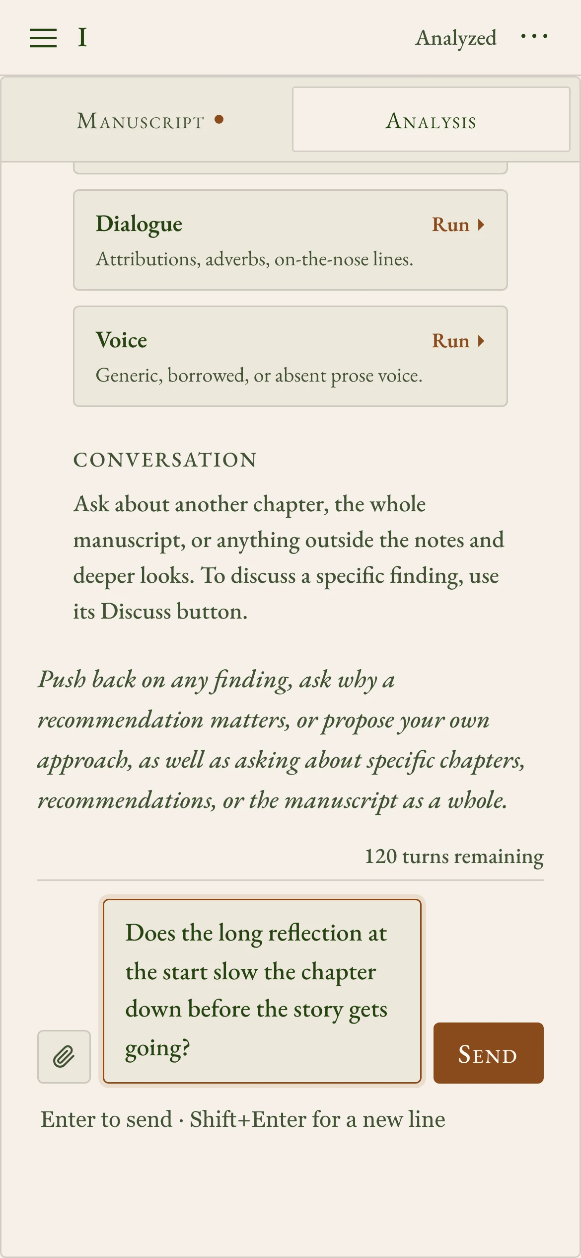 Ask Maxwell about your chapter or your whole manuscript. To question a single note, use its Discuss button.